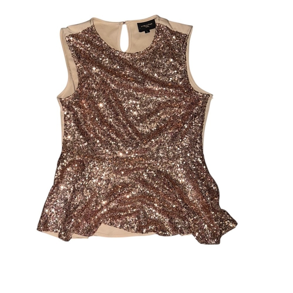 Rose Gold Sequin Peplum Top Sz L Y2K Disco Crew Neck Sparkly Party